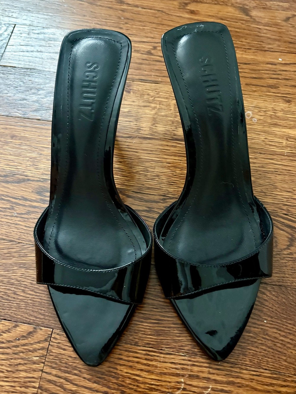 SCHUTZ Elodie Black Patent Pointed-Toe Slide Mules